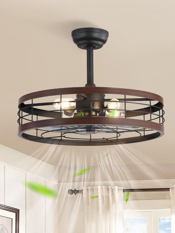 719lhg3wXDL._AC_SL1500_.jpg windphoto 22 inch Caged Fandelier Ceiling Fan Light with Remote, Walnut | 6 Speed Adjustable,Timing, Quiet & Powerful DC, Small, Farmhouse, Industrial, Enclosed, Bladeless, Bedroom, Kitchen, Downrod