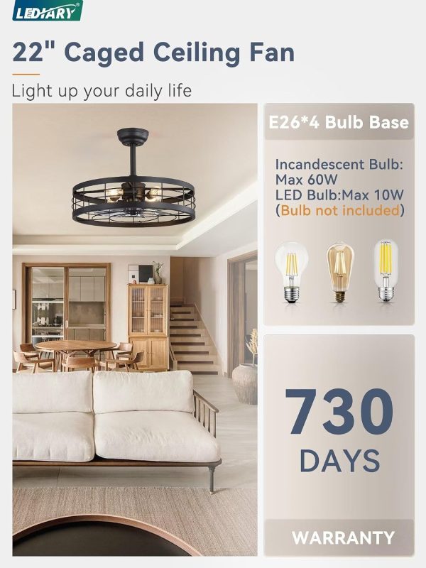 719nFs8Tz8L._AC_SL1500_.jpg windphoto 22 inch Farmhouse Caged Ceiling Fan Light with Remote, Black | 6 Speed Adjustable,Timing, Quiet & Powerful DC, Large, Farmhouse, Industrial, Enclosed, Bladeless, Bedroom, Kitchen, Downrod