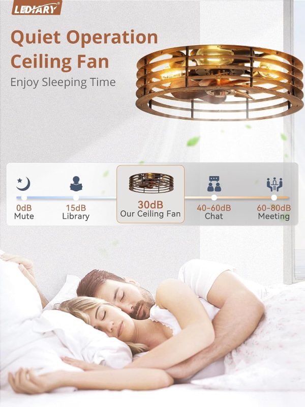 windphoto 20" Caged Low Profile Enclosed Ceiling Fan Light with Remote | Flush Mount, Bladeless Enclosed Fandelier, 6 Speed, Quiet Reversible DC, Rustic, Victorian, Rustic, Bedroom, Kitchen