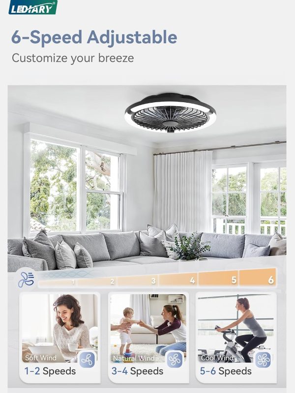 windphoto 20" Low Profile Bladeless Ceiling Fan with Light, Remote&APP, Black | Flush Mount, 6 Speed Adjustable, 3000-6000K Dimmable LED, Modern Enclosed Fandelier with Timming, Bedroom, Kids Room