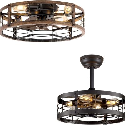 windphoto Caged Ceiling Fan with Light and Remote, Fandelier Bladeless Enclosed Small Fan Lights Ceiling Fixtures, Rustic Farmhouse Style