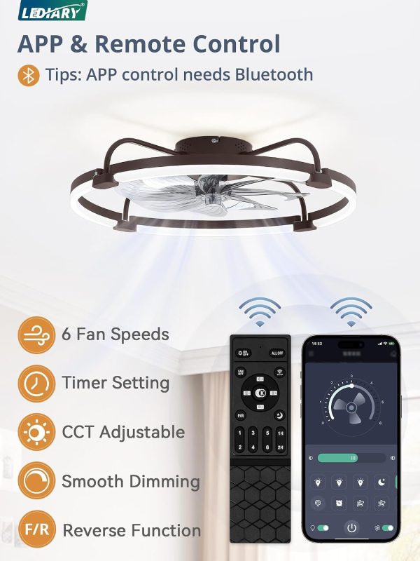 windphoto 24" Ceiling Fans with Lights and Remote, Low Profile Led Fan Light | Flush Mount, Stepless Dimmable Fandelier, 6 Speeds, 3 CCT, Quiet Reversible DC Motor, 2H Timer, Bedroom, Living Room, Brown