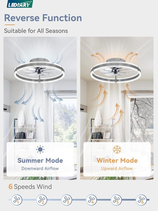 windphoto Ceiling Fans with Lights and Remote, 20'' Low Profile Ceiling Fan with Light, 3000-6000K Dimmable Fandelier Ceiling Fans, Modern Flush Mount Fan Light for Bedroom with 6 Wind Speeds-Sandy Gray | 3000-6000K Dimmable LED, 6 Wind Speeds, Quiet Reversible DC Motor, Small Flush Mount Fandelier for Bedroom, Living Room