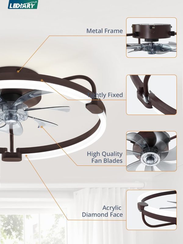 71Ac8nr1kQL._AC_SL1500_.jpg windphoto 20" Ceiling Fans with Lights and Remote, Low Profile Led Fan Light | Flush Mount, Stepless Dimmable Fandelier, 6 Speeds, 3 CCT, Quiet Reversible DC Motor, 2H Timer, Bedroom, Living Room, Brown