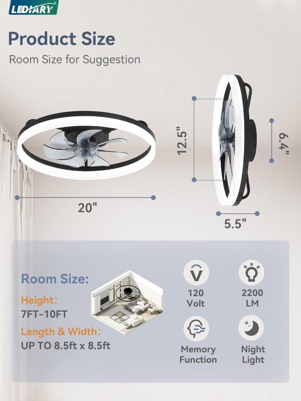 windphoto 20" Low Profile Ceiling Fans with Lights, APP & Remote, Black | Flush Mount, Dimmable LED, Quiet DC Motor, Reversible, 6 Speeds, Fandelier, for Bedroom