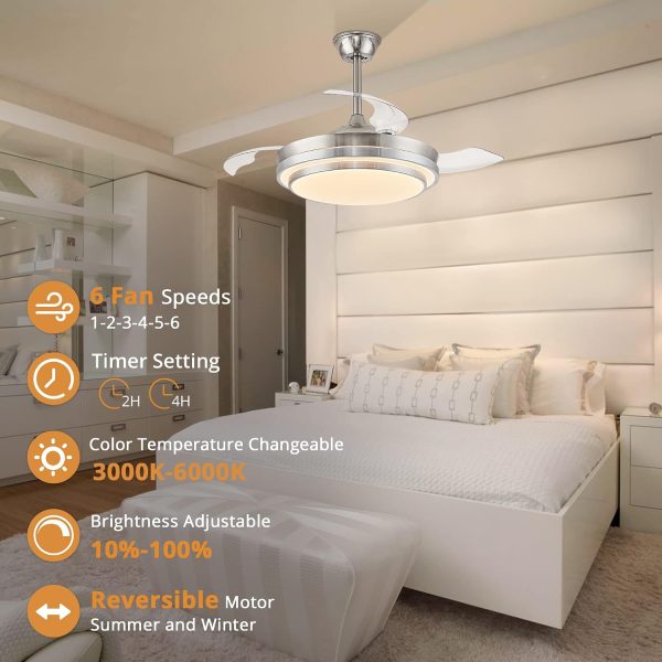 windphoto 42 Inch Retractable Ceiling Fans with Lights and Remote, Fandelier Ceiling Fans with LED Lighting, 3000K-6000K Adjustable,and DC Motor,Chandelier Ceiling Fans with Lights for Bedroom