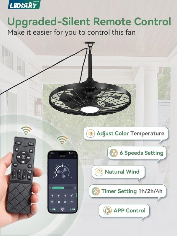 windphoto 24" Outdoor IP65 Waterproof Plug in Ceiling Fan with Lights | 6 Speeds,3CCT,Quiet,Timer,Remote Control,Smart App,DC motor,Reversible,Caged Design,ABS Material,Gazebo,Patio,Porch,Pergola