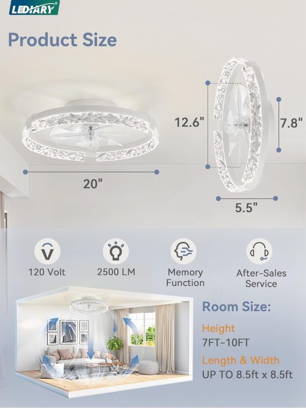 windphoto 2-Pack 20" Ceiling Fans with Lights, APP & Remote, White | Low Profile, Flush Mount, Fandelier, 3000K-6000K, Dimmable LED, for Bedroom
