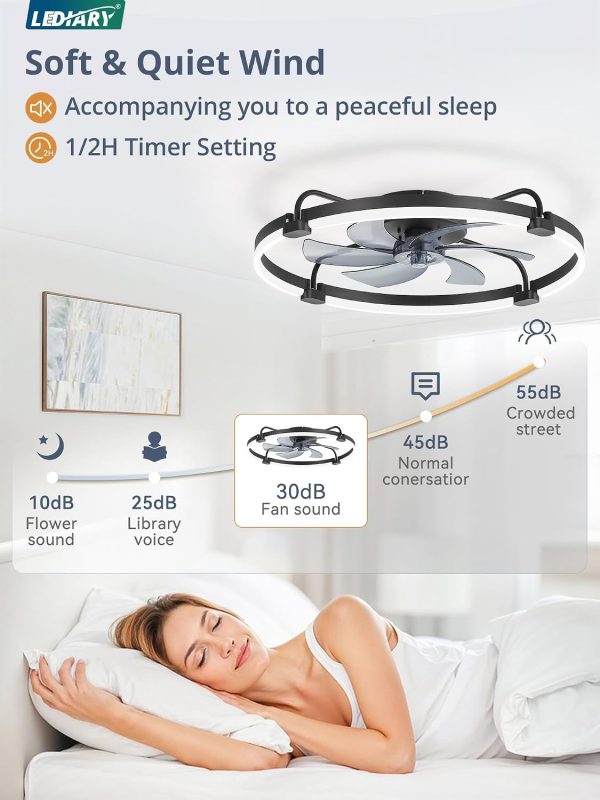 windphoto 26" Ceiling Fans with Lights and Remote, Low Profile Led Fan Light | Flush Mount, Stepless Dimmable Fandelier, 6 Speeds, 3 CCT, Quiet Reversible DC Motor, 2H Timer, Bedroom, Living Room, Black