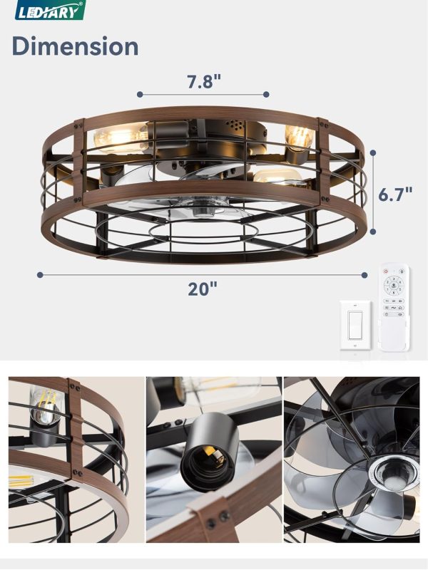 windphoto 20" Walnut Caged Low Profile Ceiling Fan with Light and Remote | Flush Mount, Bladeless Enclosed Fandelier, 6 Speed, Quiet Powerful DC, Rustic,Farmhouse, Small, Bedroom, Kitchen, Indoor