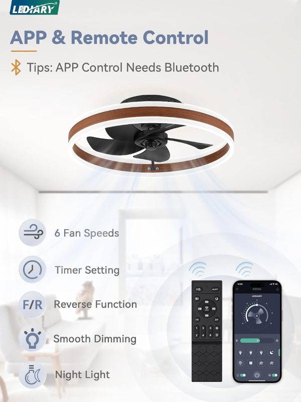 71Bt23fxl1L._AC_SL1500_.jpg windphoto Low Profile Ceiling Fans with Lights, Flush Mount Modern Ceiling Fan and Remote Control, 19.7" LED Ceiling Fans, Stepless Dimmable 3 Colors and 6 Speeds - Walnut