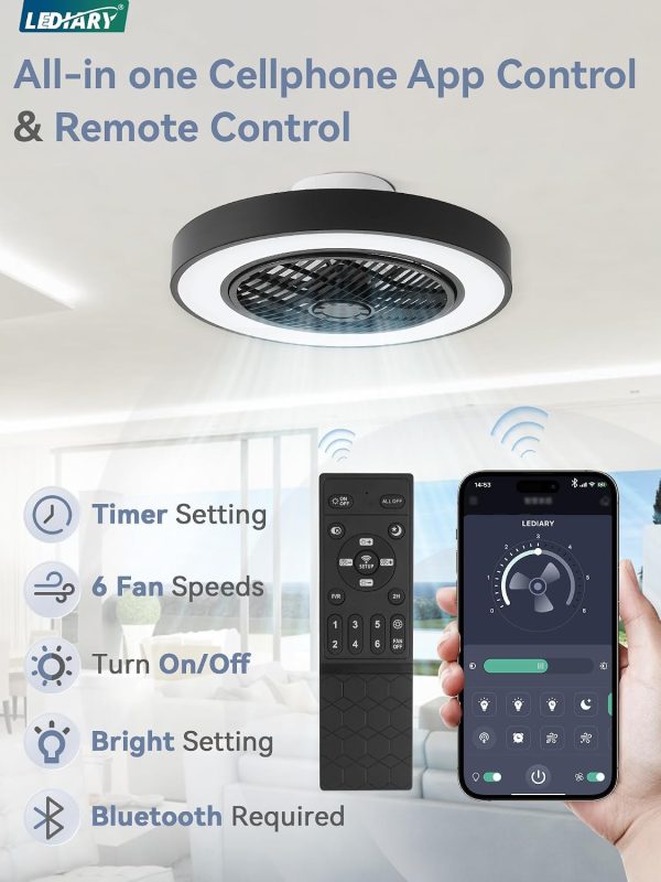 71Bzz-9ypL._AC_SL1500_.jpg windphoto 20 Inch Low Profile Bladeless Enclosed LED Ceiling Fan Light, Black | Flush Mount, Modern, 6 Speed Adjustable, 3000-6000K Dimmable, 3000LM, Indoor Bedroom Living Room, Remote/APP Control