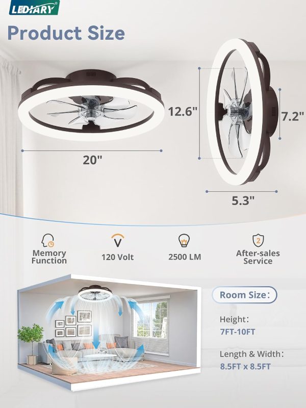 windphoto 20" Ceiling Fans with Lights and Remote for Bedroom, Brown | Low Profile Fan Light, 3000K-6000K Stepless Dimmable Fandelier, 6 Speed, Reversible DC Motor, APP & Remote Control, Low Noice