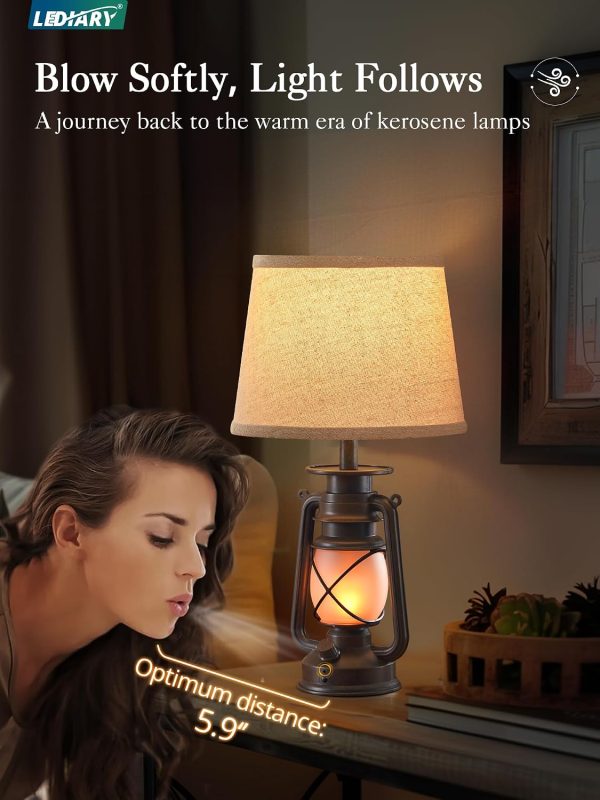 71CNJ2M1fyL._AC_SL1500_.jpg windphoto 18.72" Farmhouse LED Lantern Flickering Flame Table Lamps Set of 2 | Small Rustic Bronze End Table Lamps, Blow-Controlled , Halloween Decorative, Bedside for Living Room, Bedroom