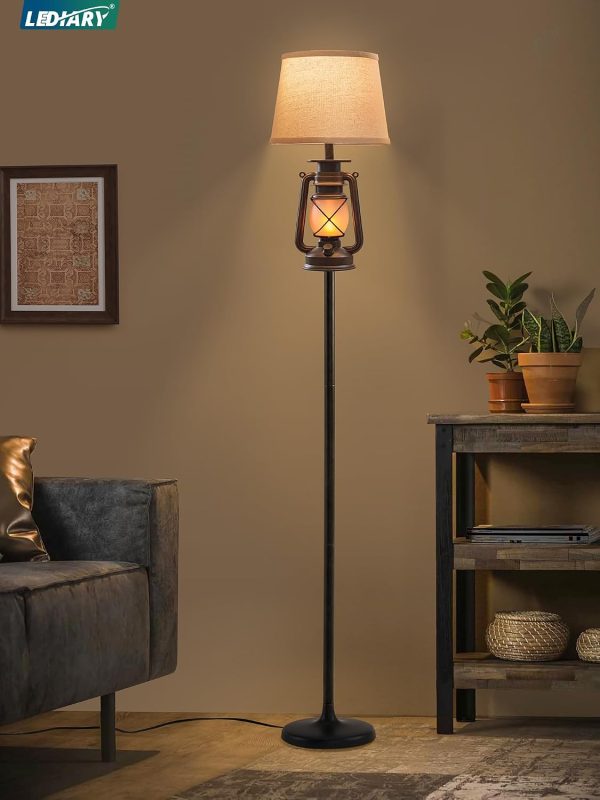 71CsytPhSL._AC_SL1500_.jpg windphoto LED Flashing Flame Night Lantern Floor Lamp Decor | Farmhouse Standing with Beige Linen Drum Lampshade Rustic for Living Room, Bedroom Home