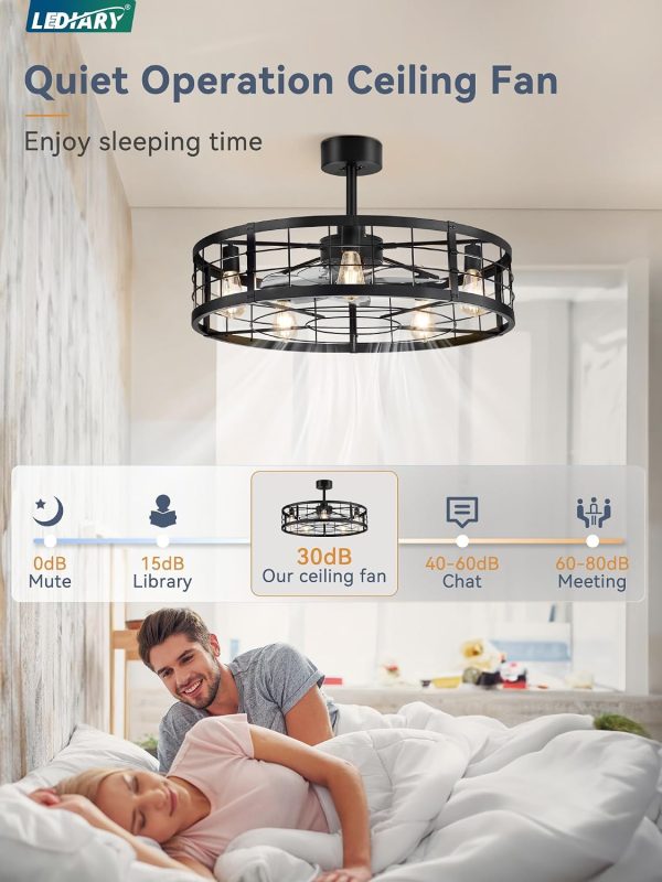 windphoto 30 inch Fandelier Caged Ceiling Fan with Light and Remote, Black | 6 Speed Adjustable,Timing, Quiet & Powerful DC, Large, Farmhouse, Industrial, Enclosed, Bladeless, Bedroom, Kitchen, Downrod