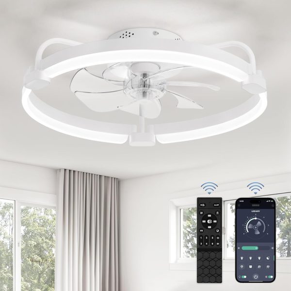 71D2FnTVigL._AC_SL1500_.jpg 2 Pack 20'' Low Profile Ceiling Fan with Light, 3000-6000K Dimmable Fandelier LED Fan Light, 6 Wind Speeds, Modern Flush Mount Ceiling Fan for Bedroom