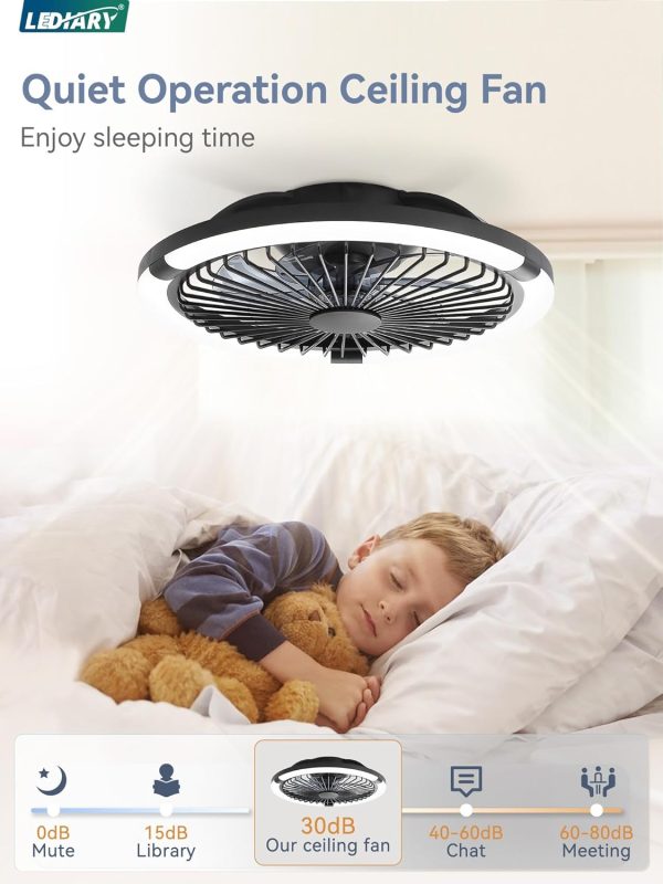 windphoto 20" Low Profile Bladeless Ceiling Fan with Light, Remote&APP, Black | Flush Mount, 6 Speed Adjustable, 3000-6000K Dimmable LED, Modern Enclosed Fandelier with Timming, Bedroom, Kids Room