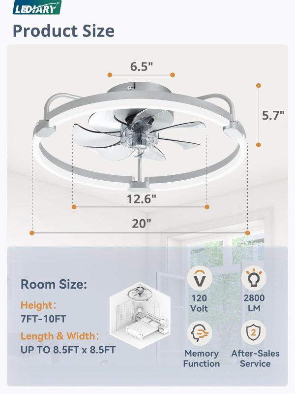 71DUWs-MHbL._AC_SL1500_.jpg windphoto 2 Pack 20" Low Profile Ceiling Fans with Lights and Remote | Flush Mount, Stepless Dimmable Fandelier, 6 Speeds, 3 CCT, Quiet Reversible DC Motor, 2H Timer, Bedroom, Living Room, Grey