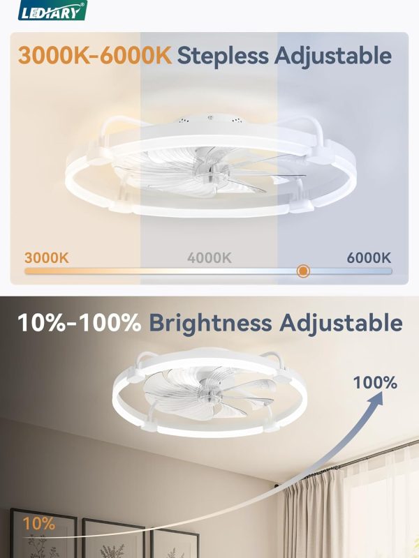 71DdPZwHG9L._AC_SL1500_.jpg windphoto 2 Pack 24" Ceiling Fans with Lights and Remote, Low Profile | Flush Mount, Stepless Dimmable Fandelier, 6 Speeds, 3 CCT, Quiet Reversible DC Motor, 2H Timer, Bedroom, Living Room, White