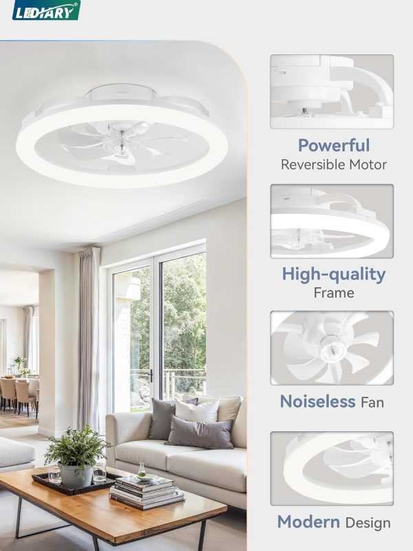 windphoto 20" Ceiling Fans with Lights and Remote for Bedroom, White | Low Profile Fan Light, 3000K-6000K Stepless Dimmable Fandelier, 6 Speed, Reversible DC Motor, APP & Remote Control, Low Noice