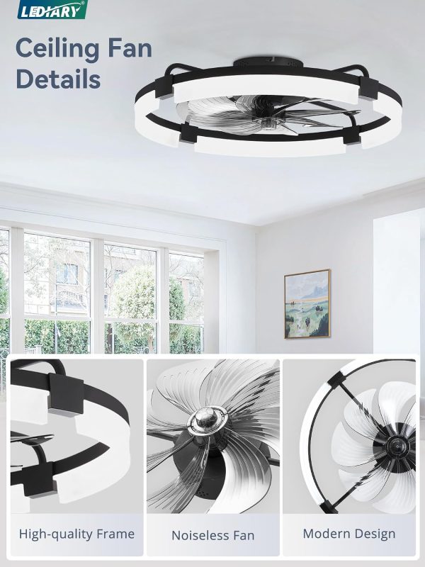 windphoto 24" Ceiling Fans with Lights, Low Profile Fandelier for Bedroom | Flush Mount Fan Light, Stepless Dimmable, App/Remote Control, 3 CCT Led, 6 Speeds, Quiet Reversible DC Motor, Black