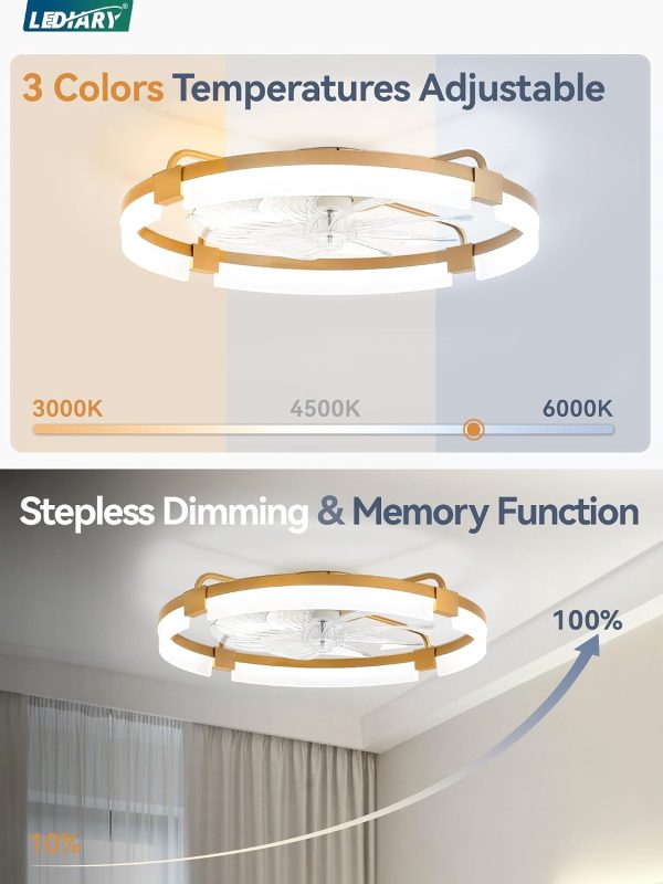 windphoto 24" Ceiling Fans with Lights, Low Profile Fandelier for Bedroom | Flush Mount Fan Light, Stepless Dimmable, App/Remote Control, 3 CCT Led, 6 Speeds, Quiet Reversible DC Motor, Gold