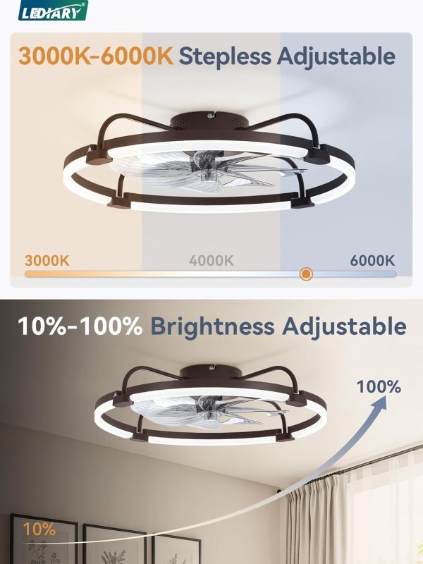 windphoto 24" Ceiling Fans with Lights and Remote, Low Profile Led Fan Light | Flush Mount, Stepless Dimmable Fandelier, 6 Speeds, 3 CCT, Quiet Reversible DC Motor, 2H Timer, Bedroom, Living Room, Brown
