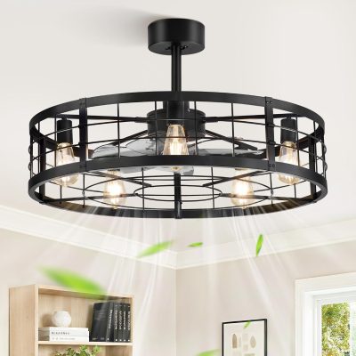 71ENAtkoscL._AC_SL1500_.jpg windphoto 30 inch Fandelier Caged Ceiling Fan with Light and Remote, Black | 6 Speed Adjustable,Timing, Quiet & Powerful DC, Large, Farmhouse, Industrial, Enclosed, Bladeless, Bedroom, Kitchen, Downrod