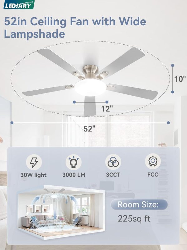 52 Inch Ceiling Fan with Lights and Remote, 30W 12" LED Panel Flush Mount Ceiling Fan, 6-Speed Quiet DC Motor Modern Low Profile Ceiling Fan with Reversible Blades for Bedroom, Living Room, Patio