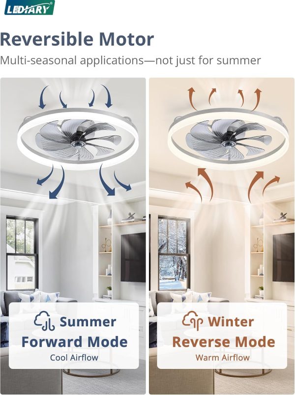 windphoto 23" Low Profile Ceiling Fans with Lights, APP & Remote, Grey | Flush Mount, Dimmable LED, Quiet DC Motor, Reversible, 6 Speeds, Fandelier, for Bedroom