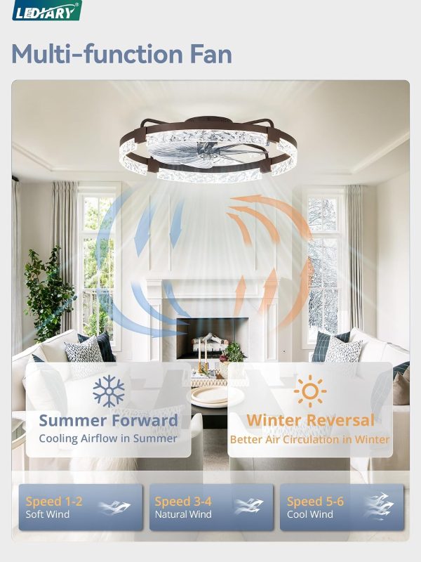 windphoto 2-Pack 24" Ceiling Fans with Lights, APP & Remote, Brown | Low Profile, Flush Mount, Fandelier, 3000K-6000K, Dimmable LED, for Bedroom
