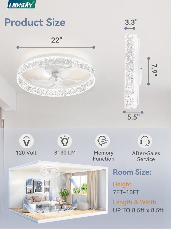 windphoto 22" Low Profile Ceiling Fans with Lights, APP & Remote, White | Flush Mount, Fandelier, 3000K-6000K, Dimmable LED, for Bedroom