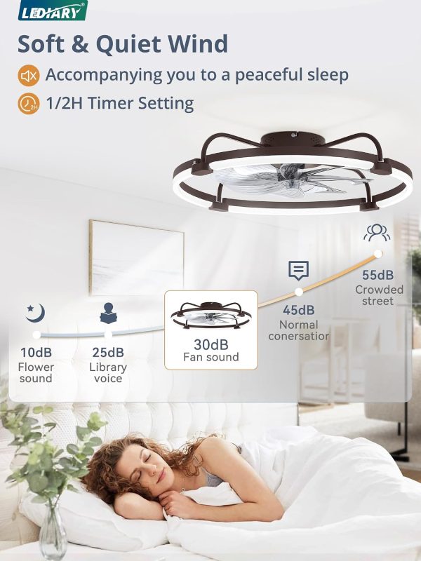 windphoto 24" Ceiling Fans with Lights and Remote, Low Profile Led Fan Light | Flush Mount, Stepless Dimmable Fandelier, 6 Speeds, 3 CCT, Quiet Reversible DC Motor, 2H Timer, Bedroom, Living Room, Brown