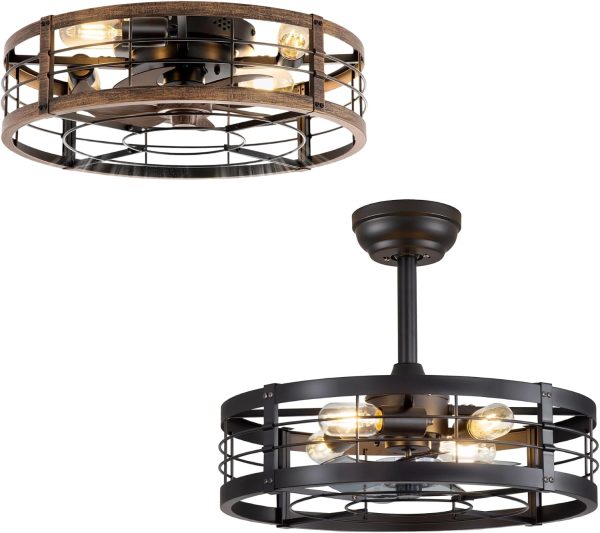 windphoto 20 inch Fandelier Caged Ceiling Fan with Light, Bladeless Ceiling Fan with Remote, Farmhouse Fan Lights Ceiling Fixtures for Kitchen, Bedroom, Outdoor(6 Speed, Timing)