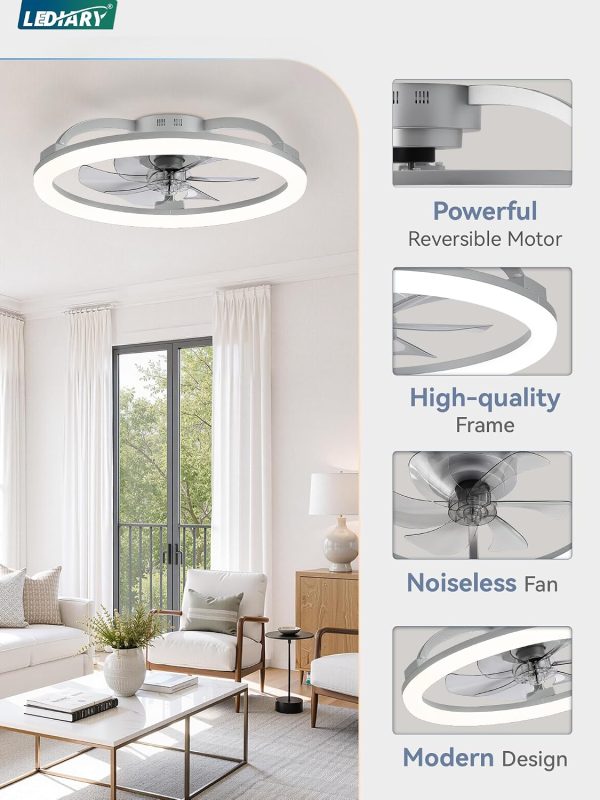 71FDwZ7JAbL._AC_SL1500_.jpg windphoto 23" Ceiling Fans with Lights and Remote for Bedroom, Grey | Low Profile Fan Light, 3000K-6000K Stepless Dimmable Fandelier, 6 Speed, Reversible DC Motor, APP & Remote Control, Low Noice