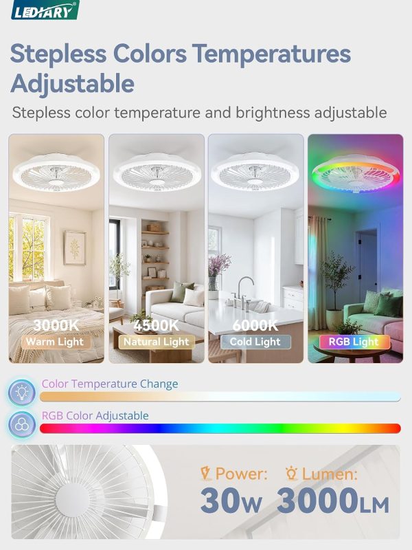 71FM-BofIfL._AC_SL1500_.jpg windphoto 20" Low Profile Bladeless Ceiling Fan with RGB, Remote&APP, White | Flush Mount, 6 Speed Adjustable, 3000-6000K Dimmable LED, Modern Enclosed Fandelier with Timming, Bedroom, Kids Room