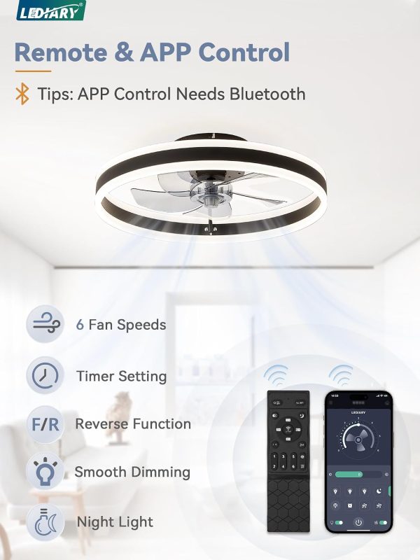 71FPbTnXodL._AC_SL1500_.jpg windphoto 19.7'' Modern Low Profile Ceiling Fans with Lights and Remote,Black | 3000-6000K Dimmable LED, 6 Wind Speeds, Quiet Reversible DC Motor, Small Flush Mount Fandelier for Bedroom, Living Room