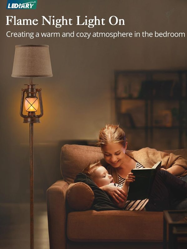 windphoto LED Farmhouse Flashing Flame Night Lantern Floor Lamp | Rustic Bronze Standing with Beige Linen Drum Lampshade, for Living Room, Bedroom Home DecorBronze Brown)