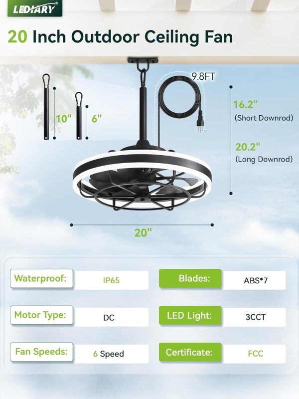 windphoto 20" Outdoor Ceiling Fans with Light, IP65 Waterproof Gazebo Fan