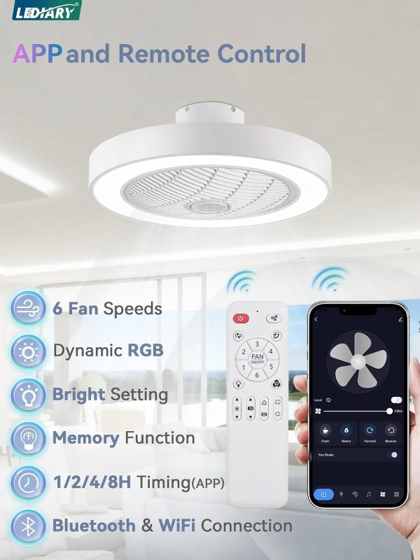71Fl4IASicL._AC_SL1500_.jpg windphoto 22 Inch Low Profile Bladeless LED Ceiling Fan Light, White RGB | Flush Mount, Modern, 6 Speed Adjustable, 3000-6000K Dimmable, 3000LM, Indoor Bedroom Living Room, Remote/APP Control