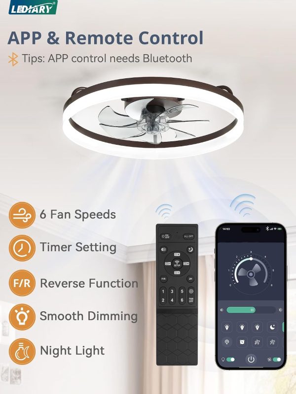windphoto 20" Low Profile Ceiling Fans with Lights, APP & Remote, Brown | Flush Mount, Dimmable LED, Quiet DC Motor, Reversible, 6 Speeds, Fandelier, for Bedroom