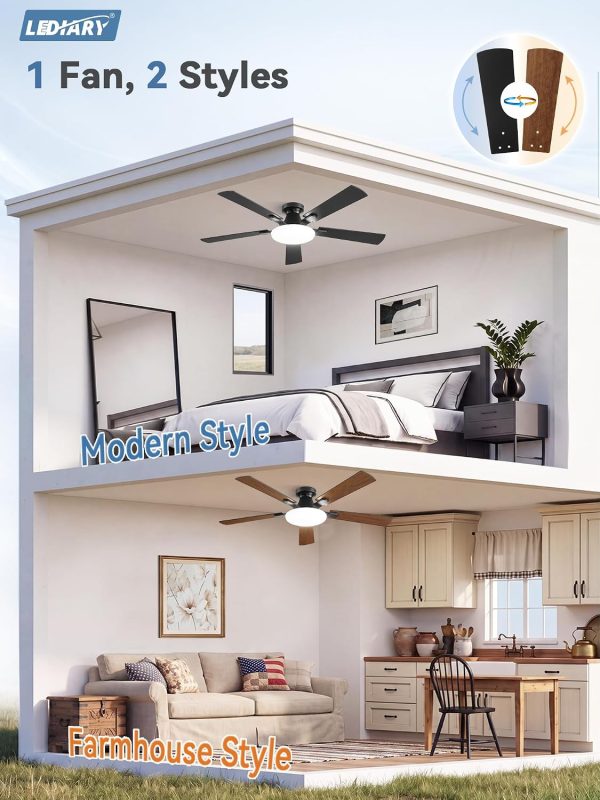 windphoto 52 Inch Flush Mount Ceiling Fans with Lights, Remote & APP Control | Bright Light, 3CCT, Memory Function, Timer, Reversible Blade, Quiet DC Motor, Damp-Rated, Living Room, Bedroom, Covered Patio