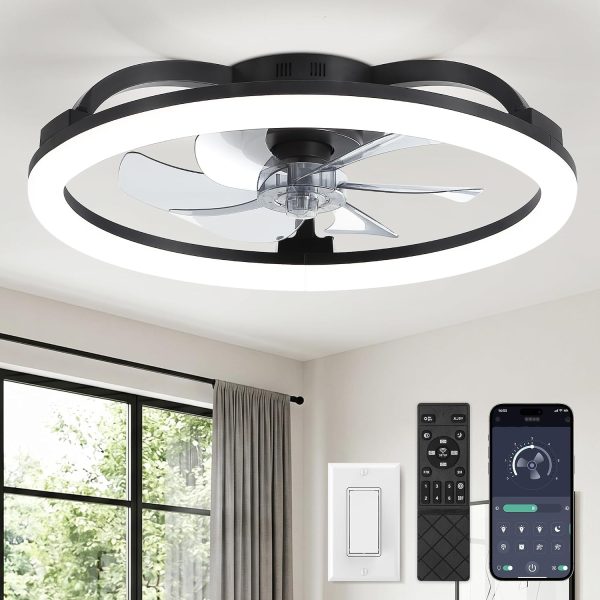 71FsjzbpSLL._AC_SL1500_.jpg windphoto 23" Ceiling Fans with Lights and Remote for Bedroom, Black | Low Profile Fan Light, 3000K-6000K Stepless Dimmable Fandelier, 6 Speed, Reversible DC Motor, APP & Remote Control, Low Noice