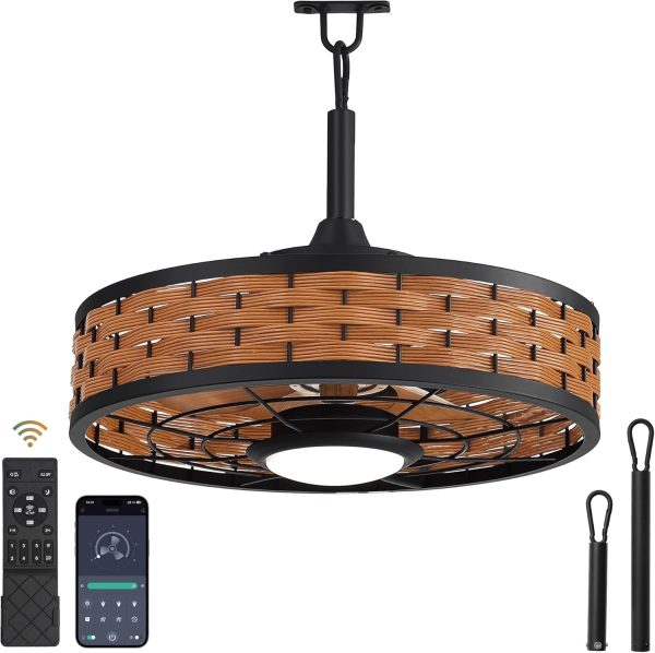 71G1JMoCDAL._AC_SL1500_.jpg windphoto 20" Brown Waterproof Outdoor Ceiling Fan with Light for Patios | IP65 Wet Rated,No Assembling,3CCT Dimmable,6-Speeds,Boho Rattan,Remote&APP Control, for Gazebo,Porch