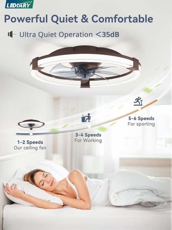 windphoto Ceiling Fan with Light 20" Low Profile Fandelier with Remote Brown | 6 Speeds, Reversible, Dimmable Flush Mount Fan Light, Modern Ceiling Fan with Lights for Bedroom Bladeless