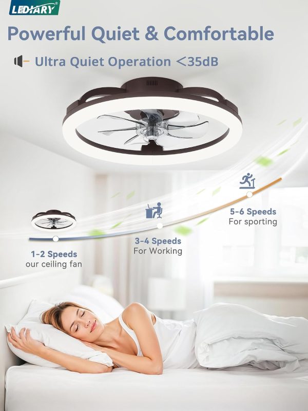 windphoto 20" Ceiling Fans with Lights and Remote for Bedroom, Brown | Low Profile Fan Light, 3000K-6000K Stepless Dimmable Fandelier, 6 Speed, Reversible DC Motor, APP & Remote Control, Low Noice
