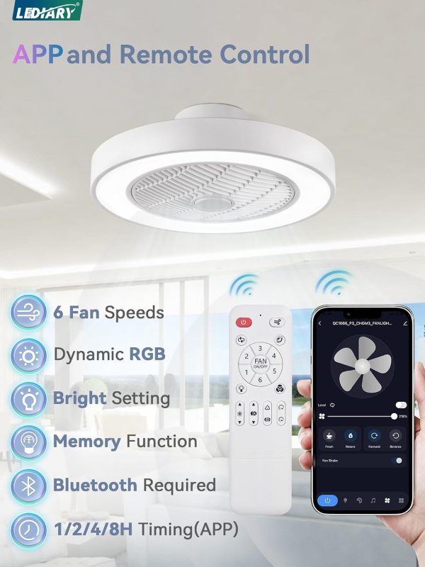 71GHD8kjSwL._AC_SL1500_.jpg windphoto 20 Inch Low Profile Bladeless LED Ceiling Fan Light, White RGB | Flush Mount, Modern, 6 Speed Adjustable, 3000-6000K Dimmable, 3000LM, Indoor Bedroom Living Room, Remote/APP Control