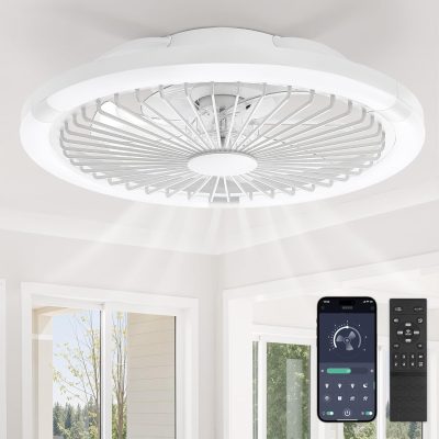71GKLUF0hsL._AC_SL1500_.jpg windphoto 20" Low Profile Bladeless Ceiling Fan with Light, Remote&APP, White | Flush Mount, 6 Speed Adjustable, 3000-6000K Dimmable LED, Modern Enclosed Fandelier with Timming, Bedroom, Kids Room