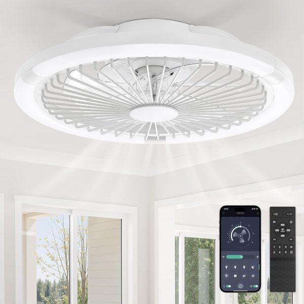 71GKLUF0hsL._AC_SL1500_.jpg windphoto 20" Bladeless Ceiling Fan with Light, Enclosed Low Profile Flush Mount LED Fandelier with Remote Control